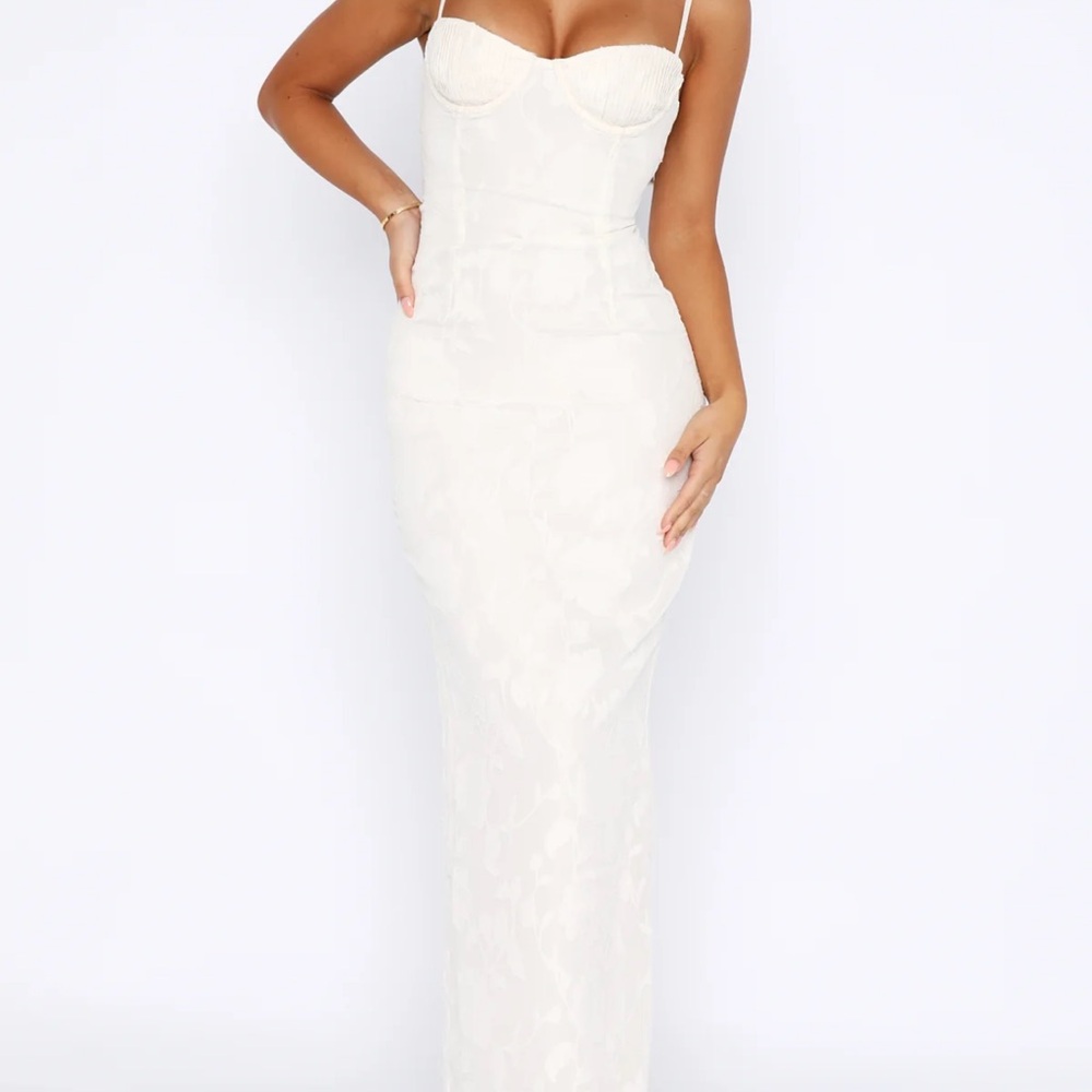 White Fox Boutique Ivory Strapless Lace Maxi Dress